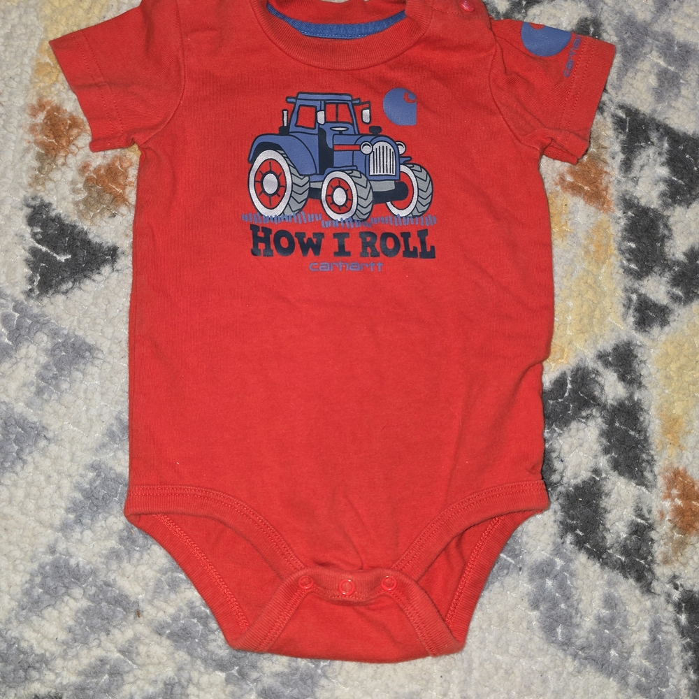 Carhartt Red Baby Onesie with Blue Tractor Design